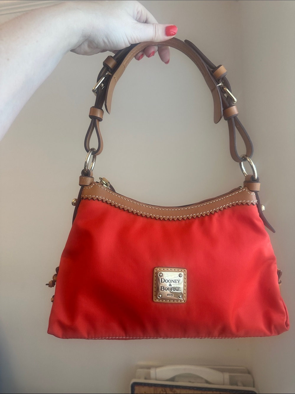 Dooney & Bourke East West Slouch Orange Nylon Shoulder Bag with Leather Trim